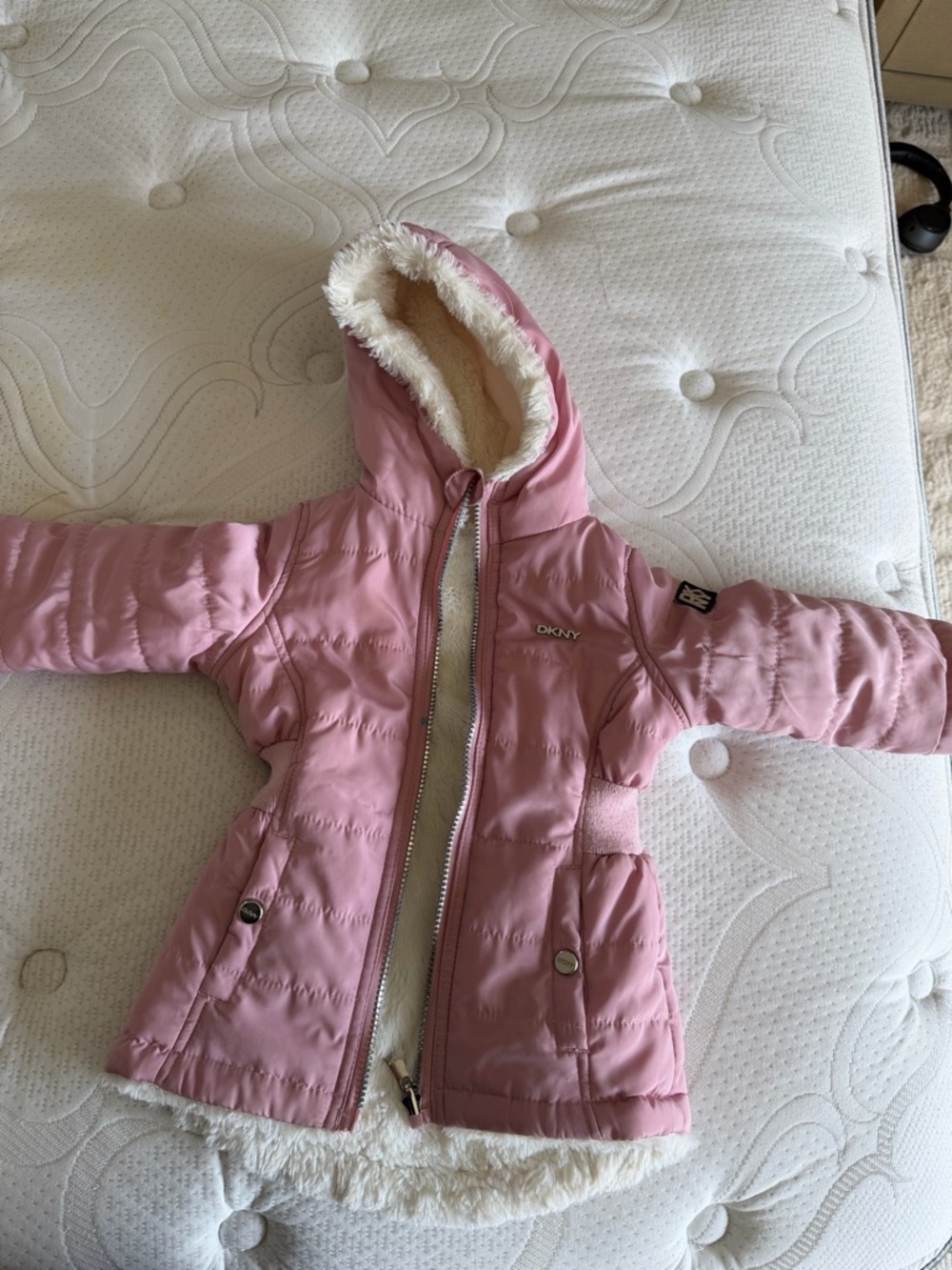 DKNY Girls' Light Pink Hooded Puffer Coat with Faux Fur Trim